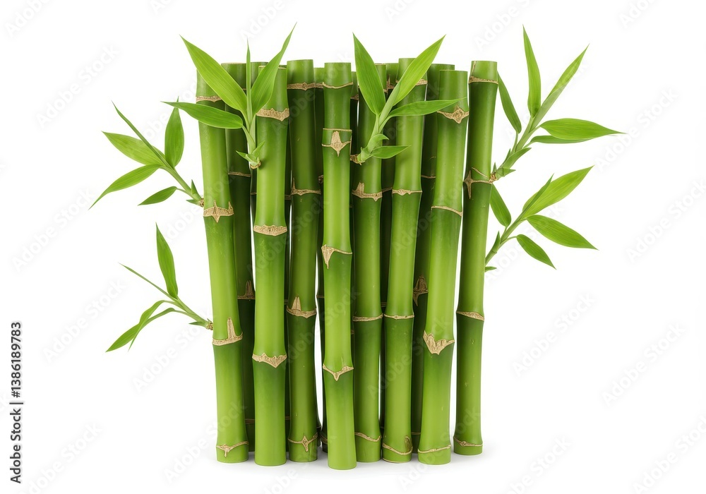 Fototapeta premium A cluster of realistic green bamboo stalks with segmented stems and vibrant leaves on white background