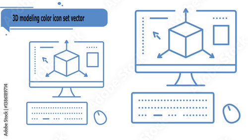 3D modeling color icon set vector