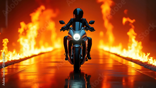 Modern brave girl in helmet, black leather jacket rides racing motorcycle, background is engulfed in flames,