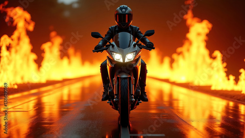 Obraz na płótnie Modern brave girl in helmet, black leather jacket rides racing motorcycle, background is engulfed in flames, w salonie