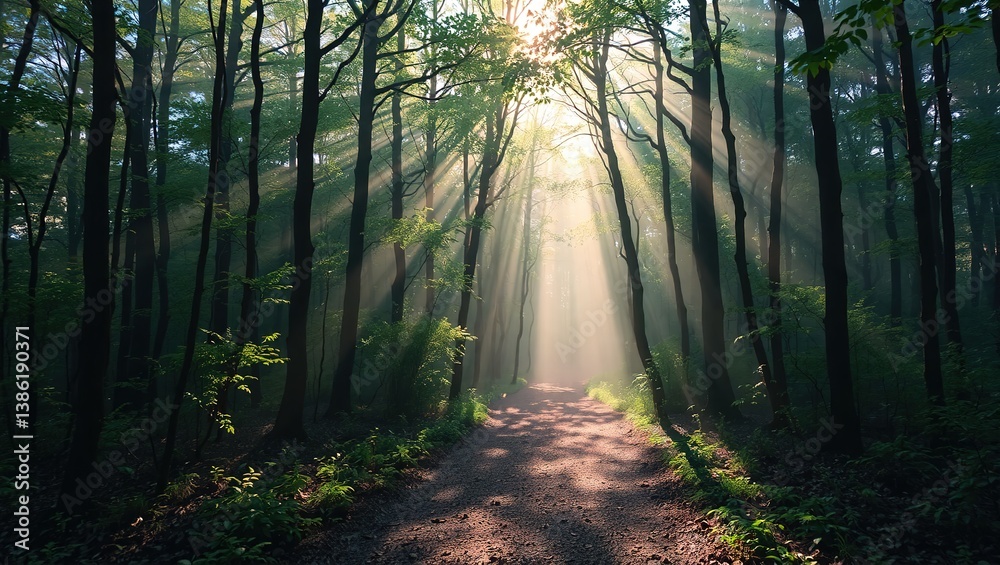 Fototapeta premium Sunlit Path Through Misty Forest, Nature's Enchanting Embrace