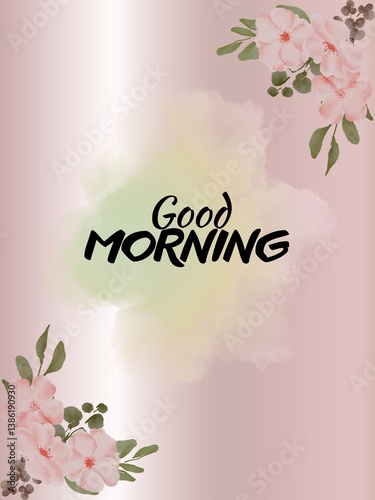 Trendy Good Morning Banner With Typography and Flowers on Metallic Pink Illustration Vector for Instagram. Cute Good Morning Postcard Banner for Social Media Instagram. 
