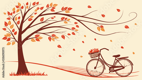 A picturesque scene with a bicycle resting beneath a vibrant autumn tree, illuminated by warm sunset hues, showcasing falling leaves and a serene natural environment.