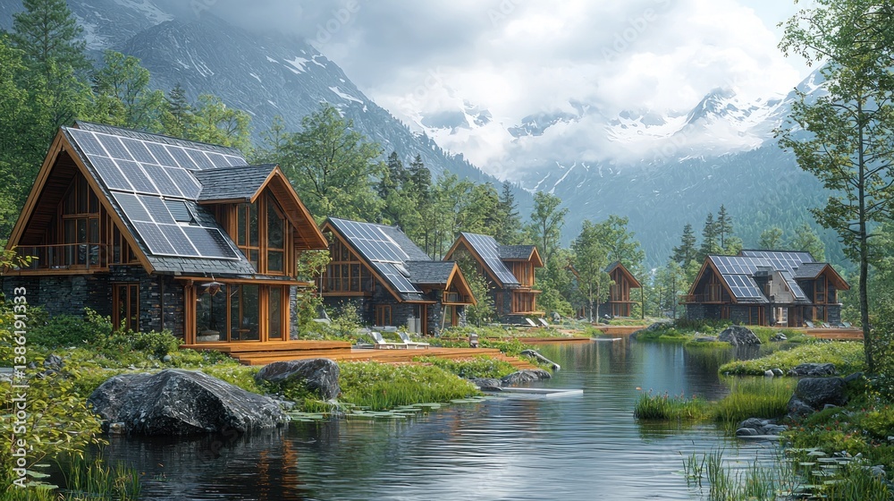 Fototapeta premium Eco-friendly cabins by mountain lake.