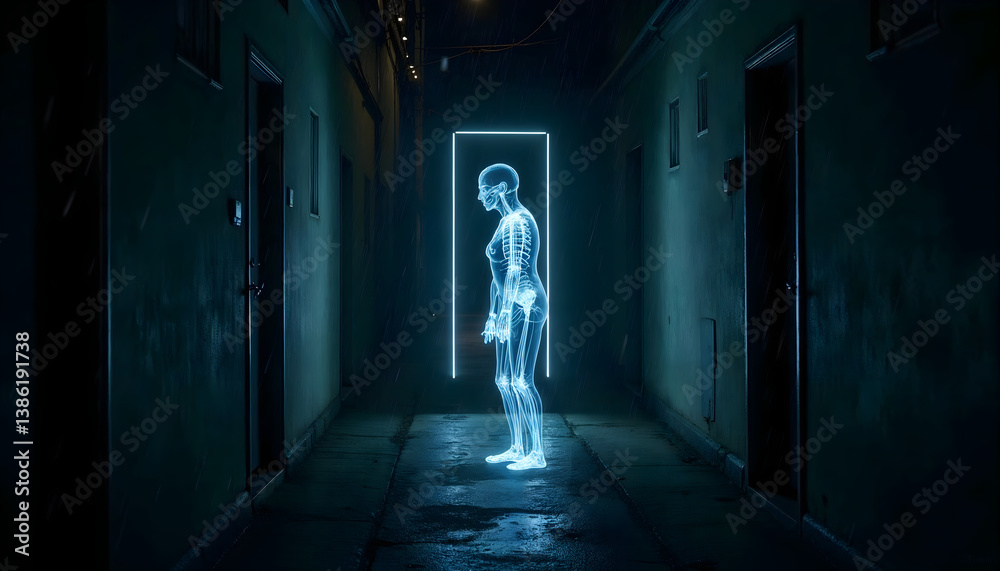 Glowing Human Skeleton Standing in Dark Alleyway with Neon Light Glowing Human Skeleton Standing in Dark Alleyway with Neon Light