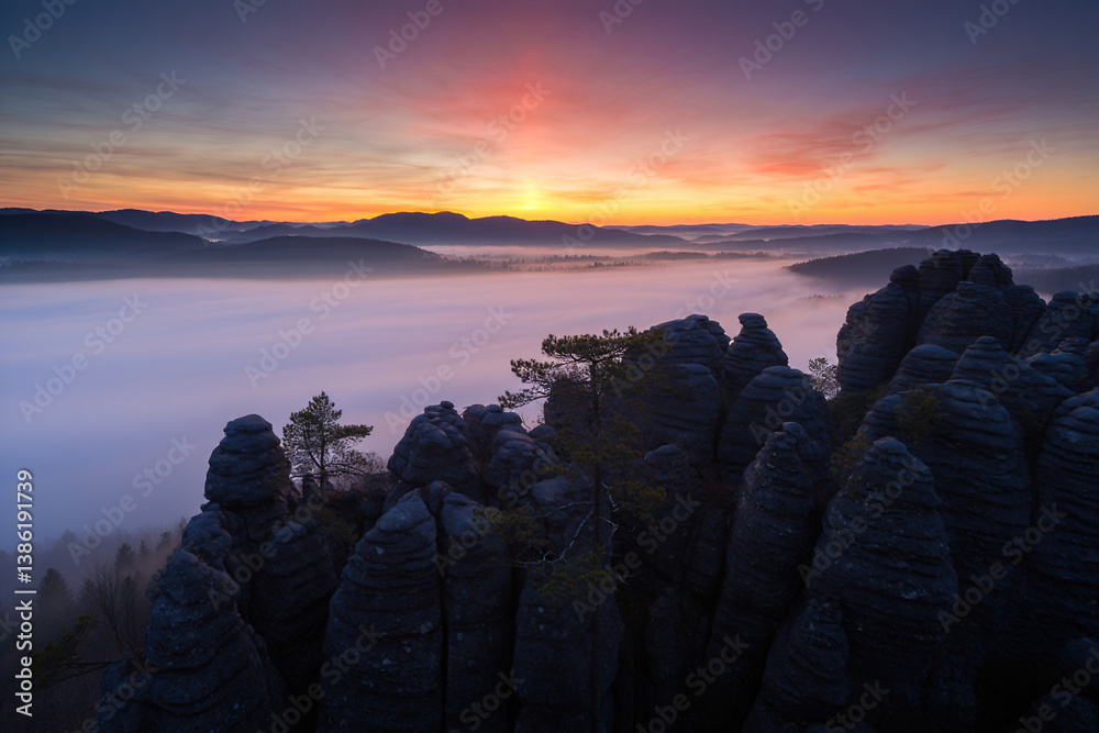 Sunrise on top of mountains, pine trees, foggy valley below, colorful sky, beautiful landscape with mountains