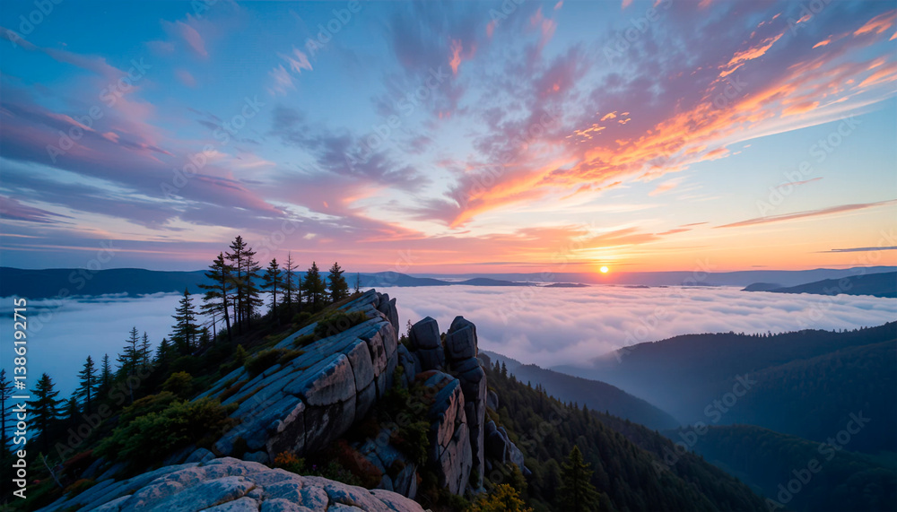 Sunrise on top of mountains, pine trees, foggy valley below, colorful sky, beautiful landscape with mountains