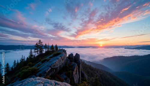Obraz na płótnie Sunrise on top of mountains, pine trees, foggy valley below, colorful sky, beautiful landscape with mountains w salonie