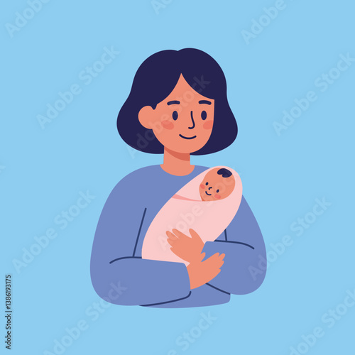 Loving mother holding her wrapped newborn in a flat, colorful vector illustration