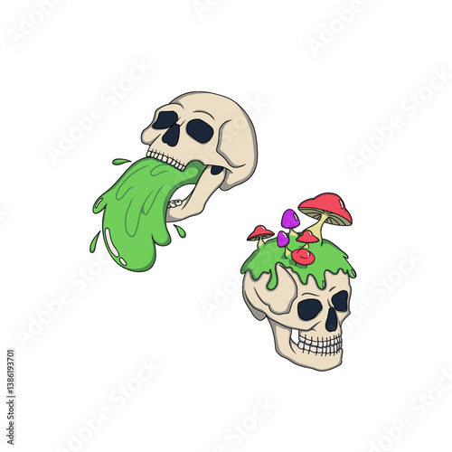 Skulls with vivid hypnotic mushroom, acid colors; a slime, neon tones.