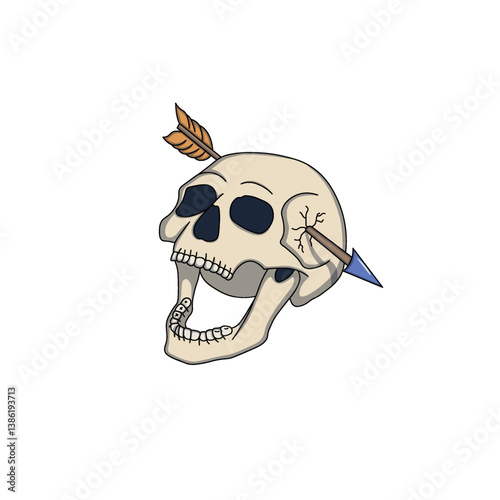 Skull with Arrow, a detailed depiction of a skull pierced by an arrow, featuring a bold and dark design.