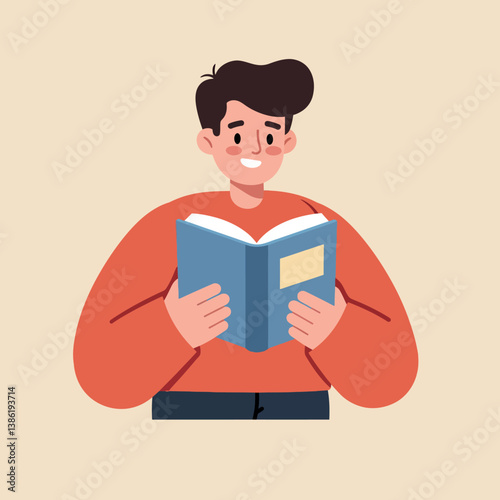 A cheerful young man reading a book in a flat design style vector illustration
