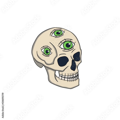 Colorful psychedelic skull with three green eyes, vibrant trippy design, surreal and abstract artwork.