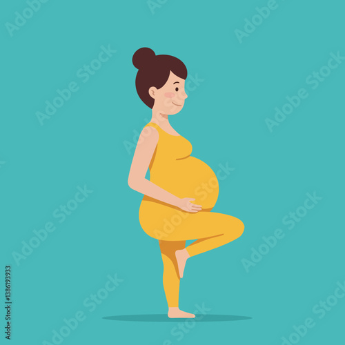 Pregnant woman practicing yoga in a peaceful setting with a minimal design style vector illustration