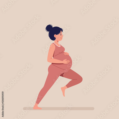 Pregnant woman in active pose wearing fitness clothing in flat vector art