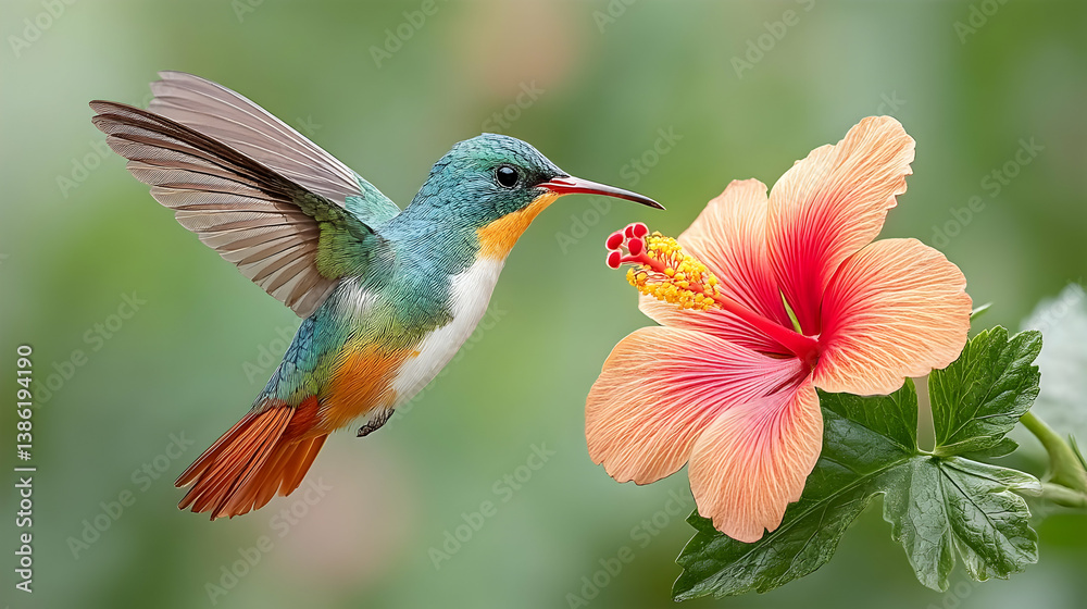 Fototapeta premium Vibrant Hummingbird Approaching a Bright Hibiscus Flower in Nature