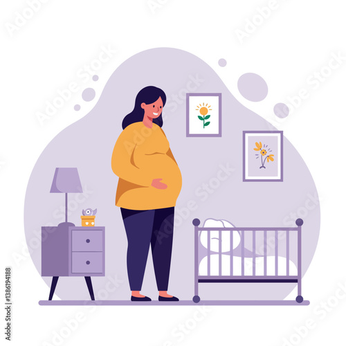 Pregnant woman standing next to a crib in a cozy minimalist nursery vector illustration