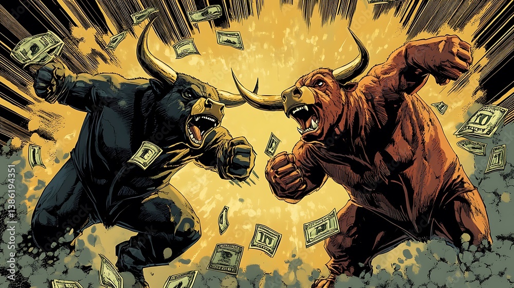 Strong bulls fight aggressively surrounded by money and investment