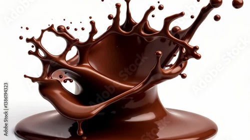 Molten Chocolate Splash. Drops of chocolate milk. White background. Slow motion for advertising food, cocoa candy. Melted chocolate.