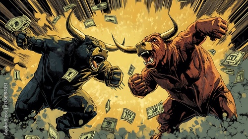 Strong bulls fight aggressively surrounded by money and investment
