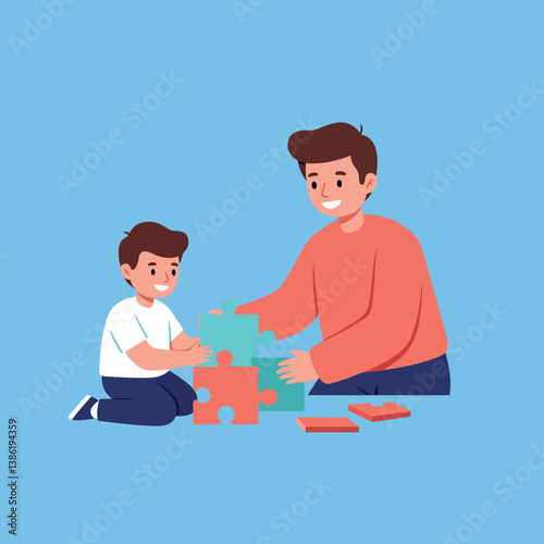 Father and son enjoying quality time while assembling colorful puzzle pieces in flat vector art