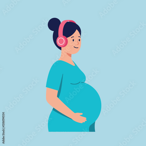 Pregnant woman smiling while listening to music in a flat vector illustration