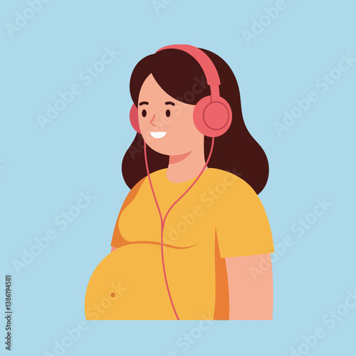 Pregnant woman smiling while listening to music in a flat vector art style