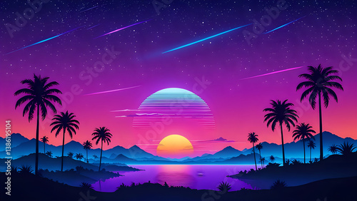 Retro Futuristic Neon Landscape with Glowing Sunset, Palm Trees Silhouettes. Synthwave Style. Purple and Blue  Gradient