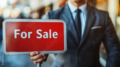 Businessperson holding a For Sale sign photo