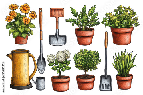 Potted Plants Gardening Tools Spring Flowers Herbs isolated on transparent background