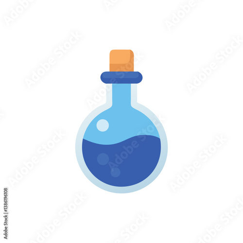 Blue liquid potion bottle, round glass, cork stopper