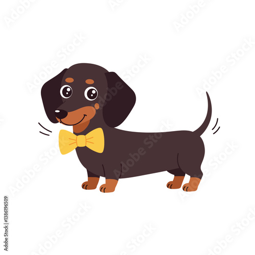 Happy brown dachshund wearing a yellow bowtie in a playful flat vector illustration