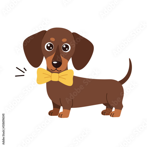 Cute brown dachshund dog wearing a yellow bowtie in a playful flat vector illustration