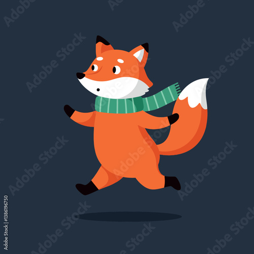 Playful orange fox wearing a green scarf joyfully running in a flat vector art style
