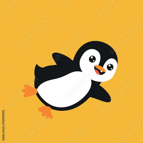Happy cartoon penguin swimming playfully in a bright yellow background, flat vector art