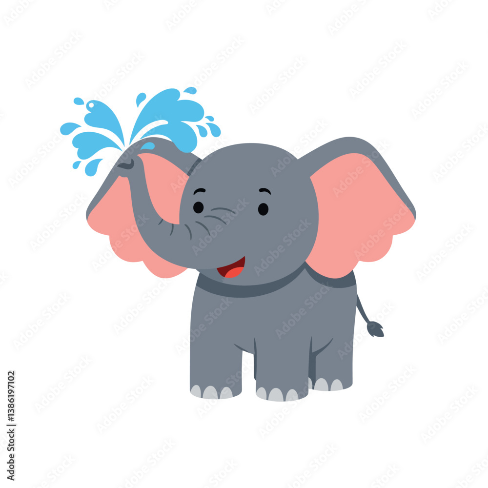 Fototapeta premium Happy elephant splashing water playfully in a colorful flat vector illustration