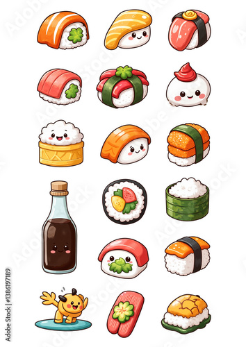 sticker Sushi Fast food and drink cartoon icons set for menu and restaurant design