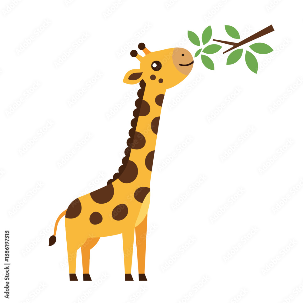 Fototapeta premium Cheerful giraffe happily munching on green leaves in flat vector art