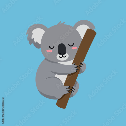A cute koala happily hugging a brown branch in a flat style vector illustration