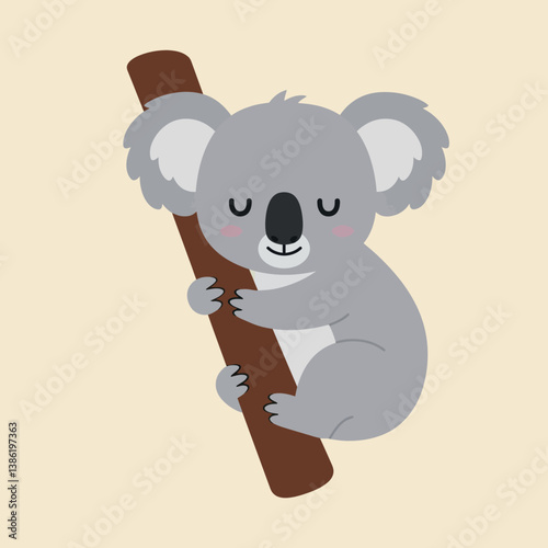 Cute koala hugging a tree branch in a flat, minimalist design vector illustration