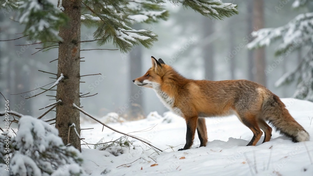Fototapeta premium A red fox in a snowy pine forest, alert and camouflaged with a white winter background