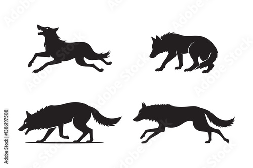 Black Wolf Silhouette Vector Set Running, Stalking, Hunting, Howling Poses