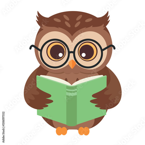 Cute brown owl wearing glasses reading a green book in a playful flat vector illustration