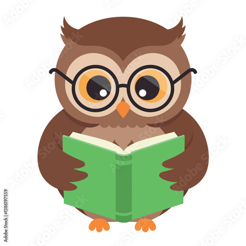 A wise owl wearing glasses happily reading a green book in a flat vector illustration
