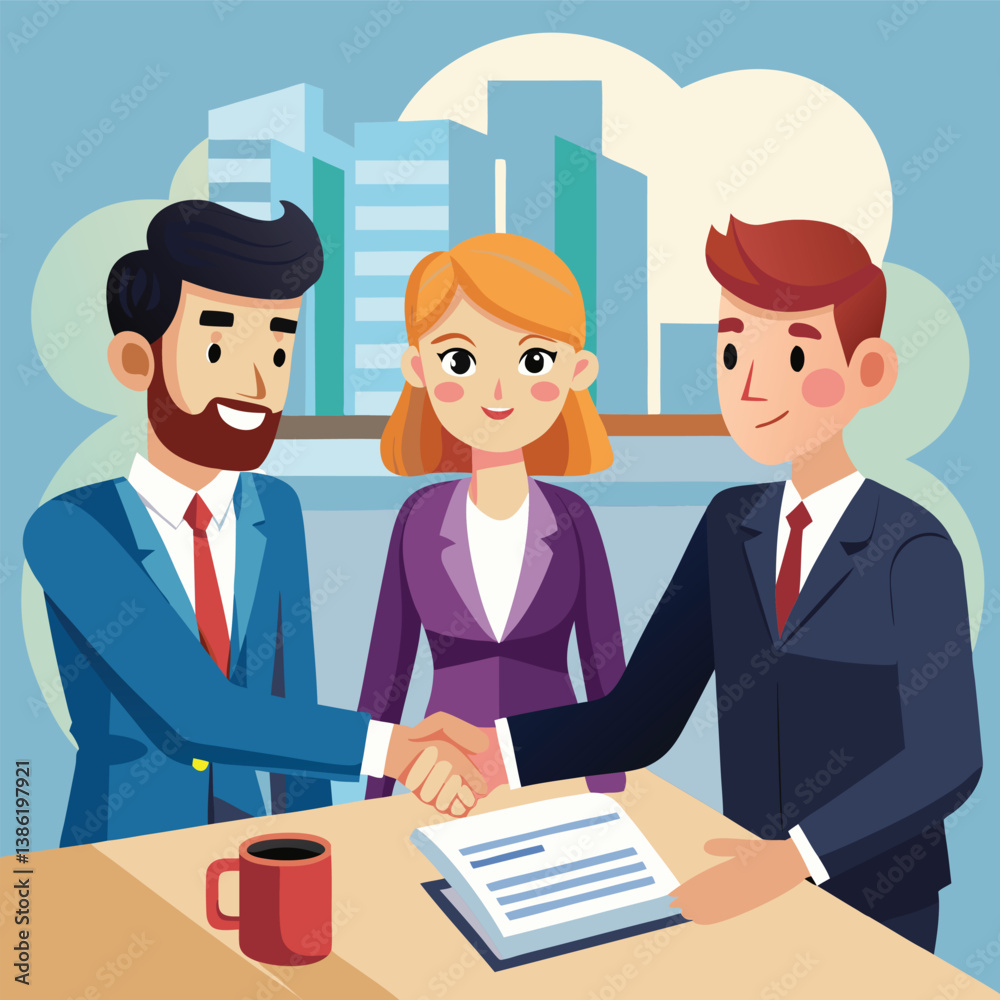 Office Interview Situation – Cartoon Vector of Two Men in Suits Shaking Hands and Female Recruiter with Resume Documents