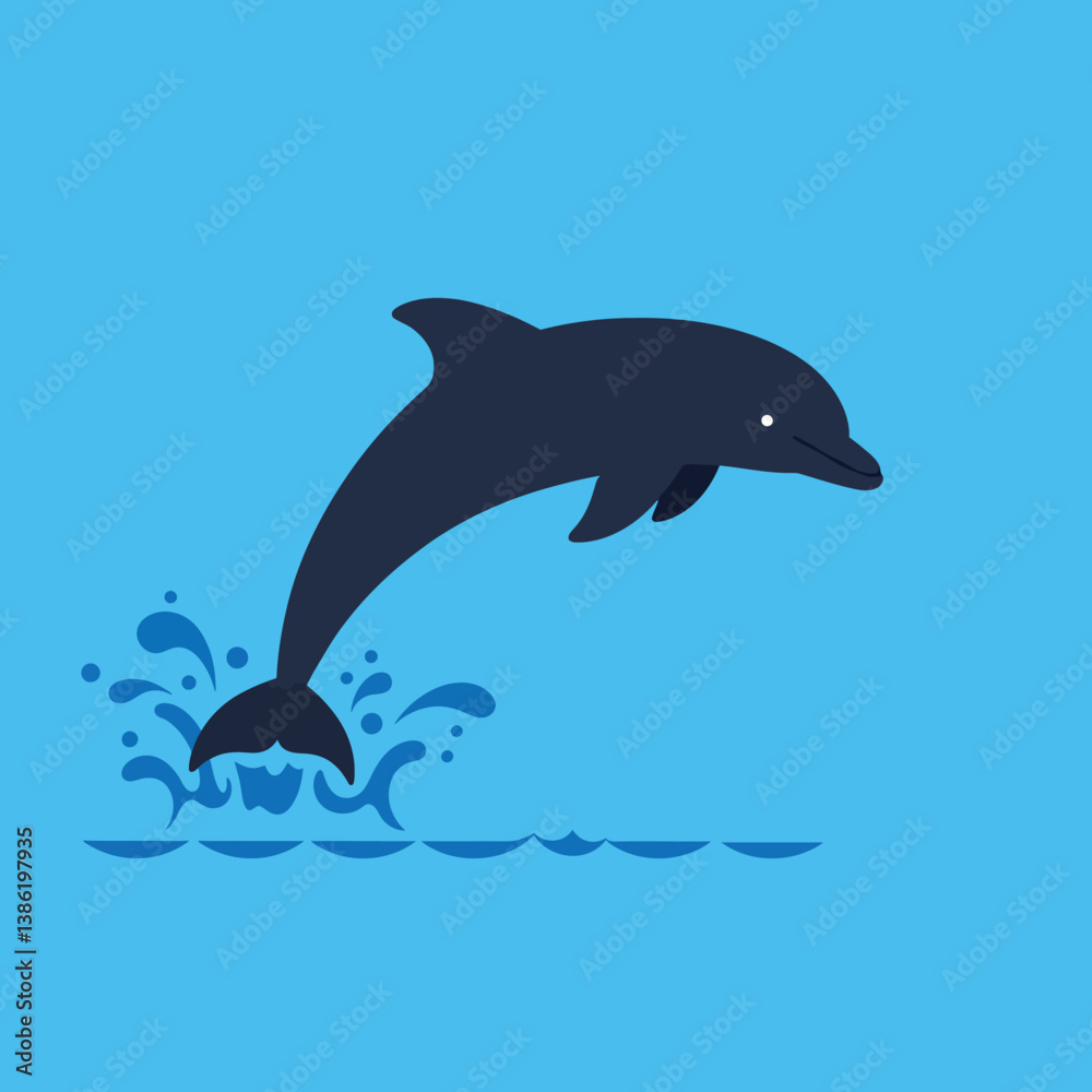 Fototapeta premium Dolphin leaping joyfully from water in a vibrant blue ocean flat vector art