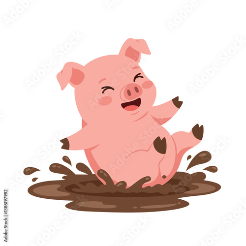 Happy pink pig joyfully splashing in muddy puddle in flat vector art