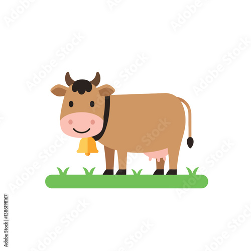 Happy brown cow standing on green grass in flat vector art style