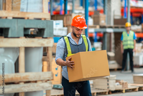 Caucasian man storage worker in uniform and hard hat carries box in hands. Images of the warehouse worker carrying cardboard boxes of the delivery industry, safely in uniform helmets for protection