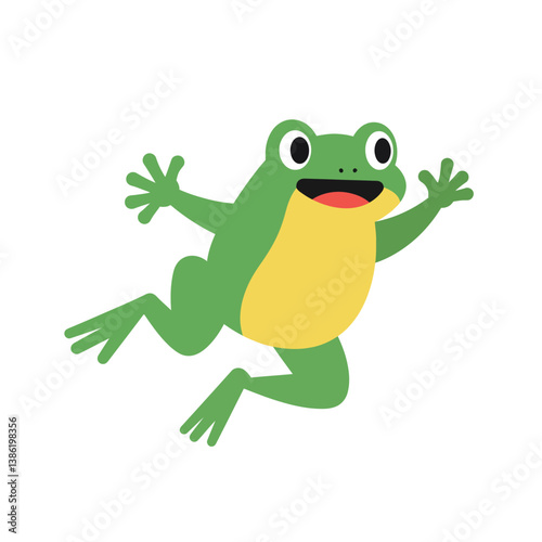 A cheerful green frog jumping joyfully in a flat, minimalist design vector illustration